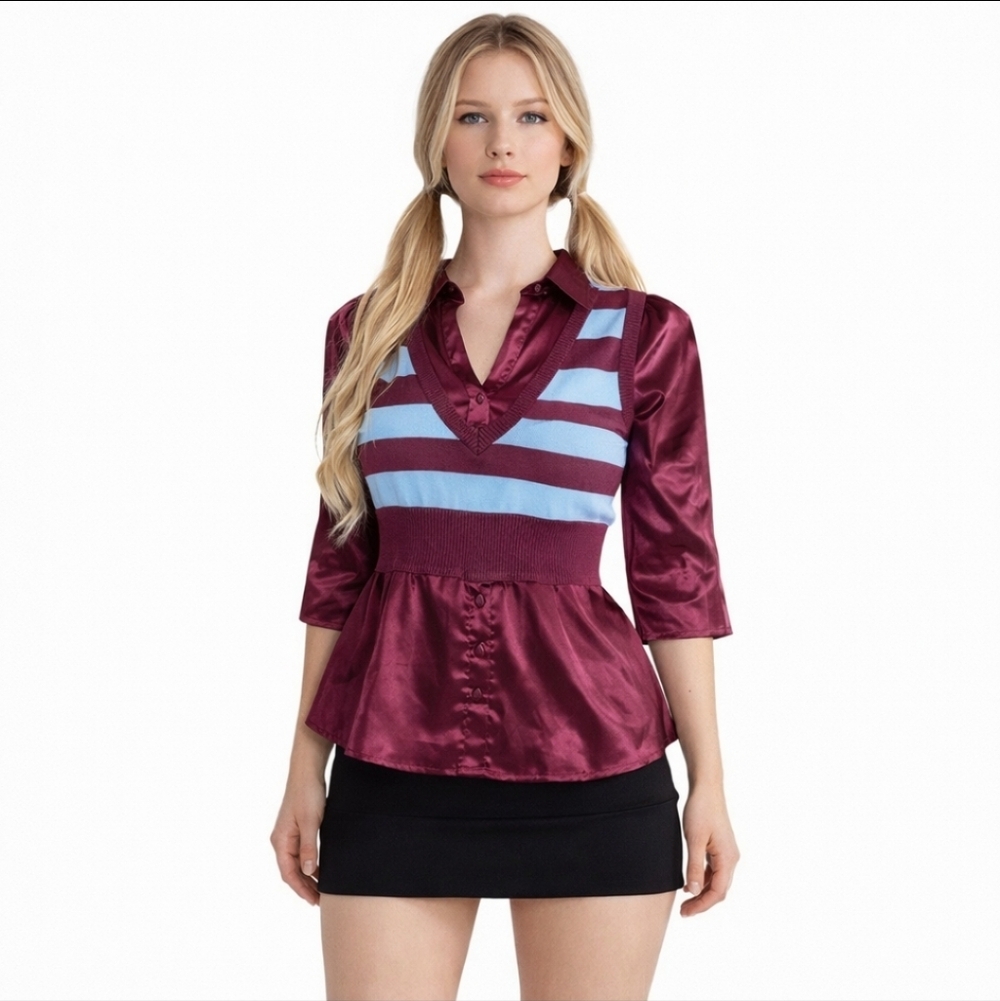 Y2K Sailor Moon Inspo Satin Striped Red Knit Peplum Top Preppy Twee Whimsical XS